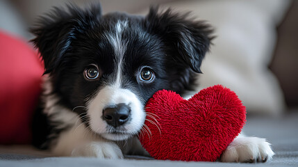 Wall Mural - A black and white puppy is laying on the ground with a red heart next to it. The puppy appears to be looking at the camera with a curious expression