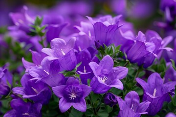 Poster - Close up of vibrant purple campanula flowers, showcasing their delicate beauty and fresh bloom in a natural garden setting