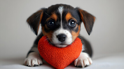 Wall Mural - A black and white puppy is laying on the ground with a red heart next to it. The puppy appears to be looking at the camera with a curious expression