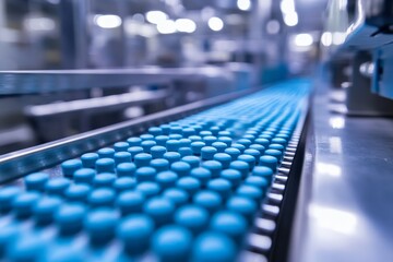 Aufkleber - Production of blue tablets on a conveyor belt in a pharmaceutical manufacturing facility