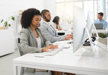 Poster - advisor, woman or typing in call center for consulting, online help or loan advice on computer. fina