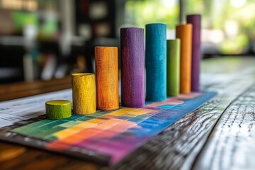Fototapete - Colorful wooden bar graph on a table representing data and statistics during a bright daylight setting