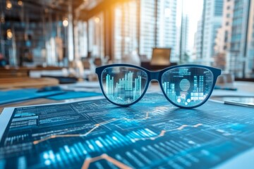 Aufkleber - Glasses display digital data in a modern office setting overlooking a city skyline during sunset