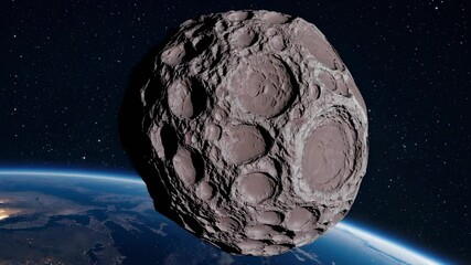 Aufkleber - Planet earth, partially illuminated by the sun, is approached by a large asteroid from deep space, a celestial body with a rough and cratered surface