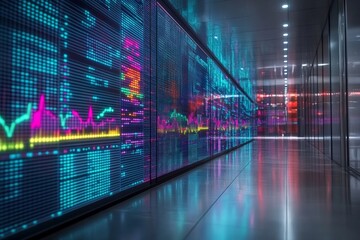 Aufkleber - Digital display of financial data in a modern corporate hallway during the evening