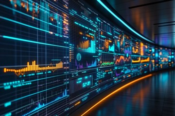 Fototapete - Colorful digital data wall displaying real-time analytics and statistics in a modern tech environment at night