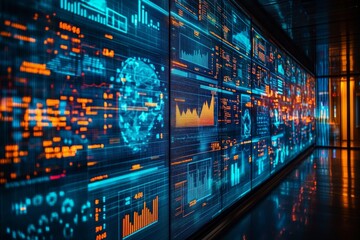 Aufkleber - Digital data visualization showcasing graphs and statistics in a modern tech environment at night
