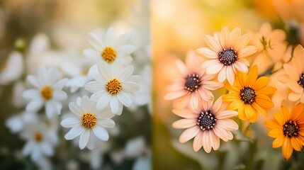 White and orange daisies, garden, sunlight, floral diptych, website banner