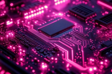 Aufkleber - Illuminated circuit board with pink lighting showcasing intricate electronic components and pathways