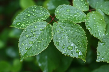Poster - Freshly washed green leaves glisten after rainfall in a lush garden, showcasing nature's beauty and detail