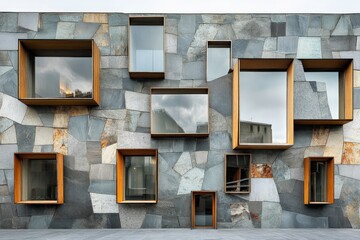 Aufkleber - Modern architecture with unique window designs showcasing a textured stone wall in an urban setting
