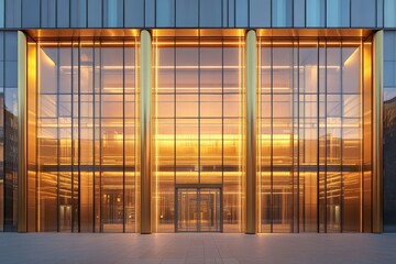 Poster - Modern building entrance with golden reflections at sunset in an urban setting