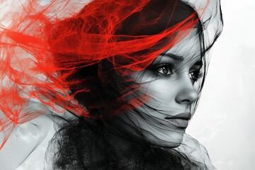 Fototapete - Beautiful portrait of a woman with flowing fabric and striking red accents captured in a creative and artistic manner