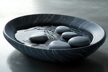 Serene grey stones float gently in a dark marble bowl filled with tranquil water.