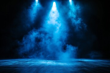 Leinwandbilder - Blue stage lighting creating an atmospheric haze in a performance space with wooden floor and smoke effects