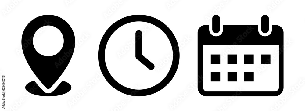 Timemap Icon Time, date, and address icon set. Event calendar reminder clock ...