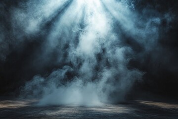 Leinwandbilder - Rays of light and swirling mist create an ethereal atmosphere in a dimly lit space for dramatic effect