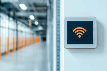 Poster - A modern Wi-Fi indicator on a wall in a spacious, industrial corridor, symbolizing connectivity in a contemporary environment.
