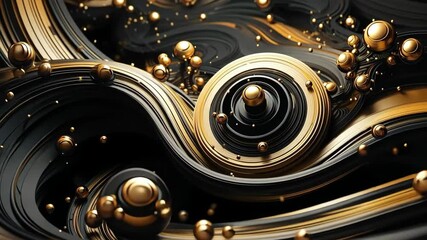 Poster - Swirling golden spheres glide through complex black patterns, creating a mesmerizing abstract visual experience. The dynamic movement captivates with its fluidity and elegance