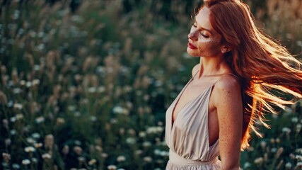 Poster - A carefree snapshot of a woman with freckles laughing joyfully among wildflowers, the sunshine capturing her authentic summer beauty in a gentle, outdoor setting.