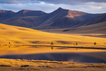 serene natural landscape meadow lake mountains setting sun