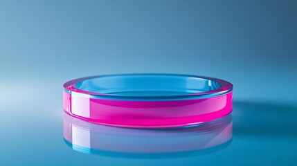 Pink glass platform on blue background, product display