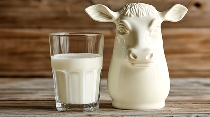 Wall Mural - Glass of milk beside cow creamer on wood