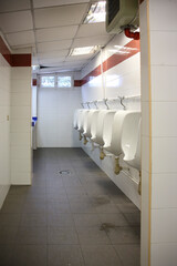 Wall Mural - Group of urinals in a row in a white tiled public toilet