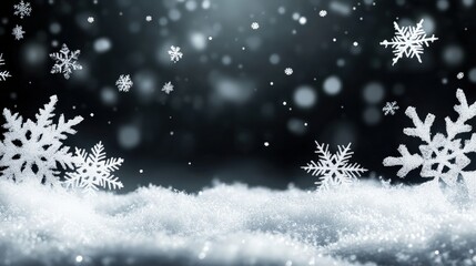 Poster - Bokeh Effect of White Snowflakes on a Black Background with Soft Focus Creating a Serene Winter Atmosphere and Dreamy Holiday Vibe