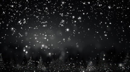 Poster - Bokeh Effect of White Snowflakes Falling on Black Background with Silhouetted Trees in the Foreground for Winter Aesthetic and Holiday Themes