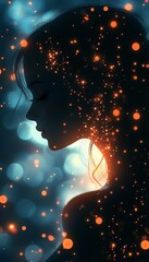 Poster - Cosmic Beauty A Woman s Silhouette Enhanced by Flowing, Glowing Particles in Abstract Art