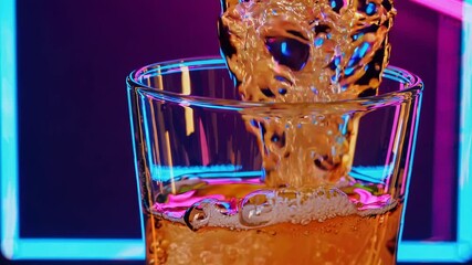 Poster - A close-up shot of bubbles rising in a neon-colored backdrop while the orange soda pours, creating a lively, eye-catching scene for a drink advertisement.
