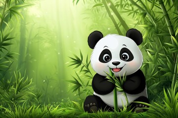 Poster - Cute panda munching on bamboo in a lush green forest during daylight hours