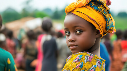 A Young Girl Dressed in Colorful Attire Complemented by a Headscarf in a Vibrant Community Setting