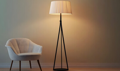 Wall Mural - A black metal floor lamp with a white pleated shade. The base is circular and wooden, Generative AI