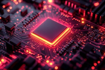 Leinwandbilder - Circuit board with glowing red processor in a darkened environment showcasing advanced technology and innovation