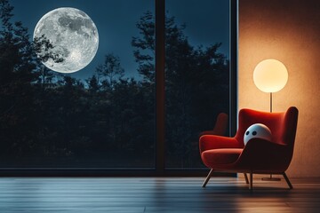 Poster - Cozy living room with red chair and large moon visible through glass window at night