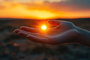Poster - Hand held out towards a sunset while gentle rays of sun illuminate the sky in hues of orange and pink