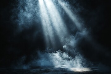 Aufkleber - Mysterious light beams filtering through fog in a dark atmosphere create an ethereal ambiance