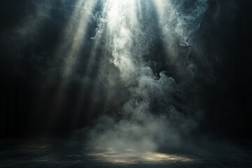 Poster - Mysterious fog fills a dimly lit space while beams of light break through the darkness creating an ethereal atmosphere
