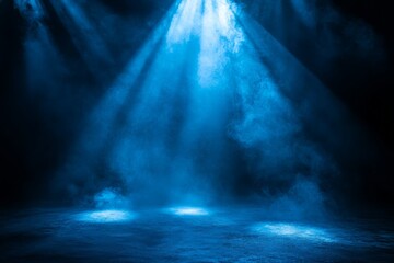 Leinwandbilder - Dramatic blue lighting illuminates a stage with smoke effects during a performance at night