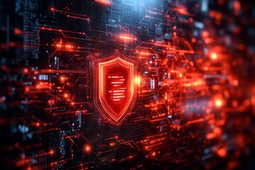 Poster - Digital security shield glowing against a backdrop of interconnected data and technology in a futuristic environment