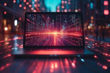 Aufkleber - Vibrant digital cityscape on laptop screen at night with glowing lights and data streams