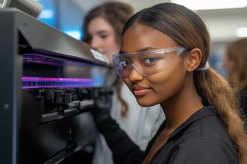 Aufkleber - Young woman in safety goggles operates advanced equipment in a laboratory setting