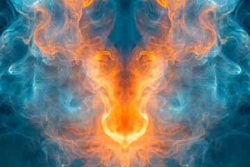 Poster - Vibrant orange and blue smoke swirling in dynamic patterns creating an abstract visual experience in a creative exploration of color and form