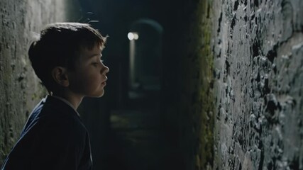 Poster - A silent moment with the boy’s hand brushing along the damp, stone wall, his gaze focused on a glimmer of light cutting through the darkness ahead.