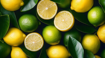 Sticker - A vibrant image showcasing fresh lemons and limes scattered with green leaves, highlighting their bright yellow and green colors in a lively arrangement.