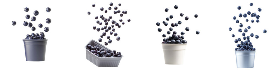 Poster - Fresh blueberries floating and spilling from various containers on a bright background in a creative arrangement