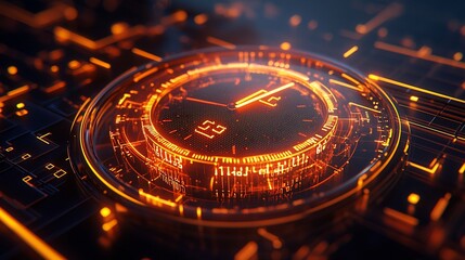 Poster - Futuristic Orange Digital Clock Glowing Interface