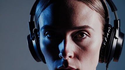 Poster - A tightly framed portrait of a woman wearing over-ear headphones under a moody blue spotlight, her serious gaze aimed directly at the camera in a minimalist studio.